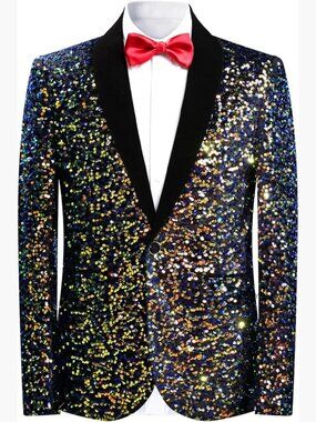 Mens Shiny Sequin Blazer Shawl Lapel Tuxedo Jacket Slim Fit Party Prom